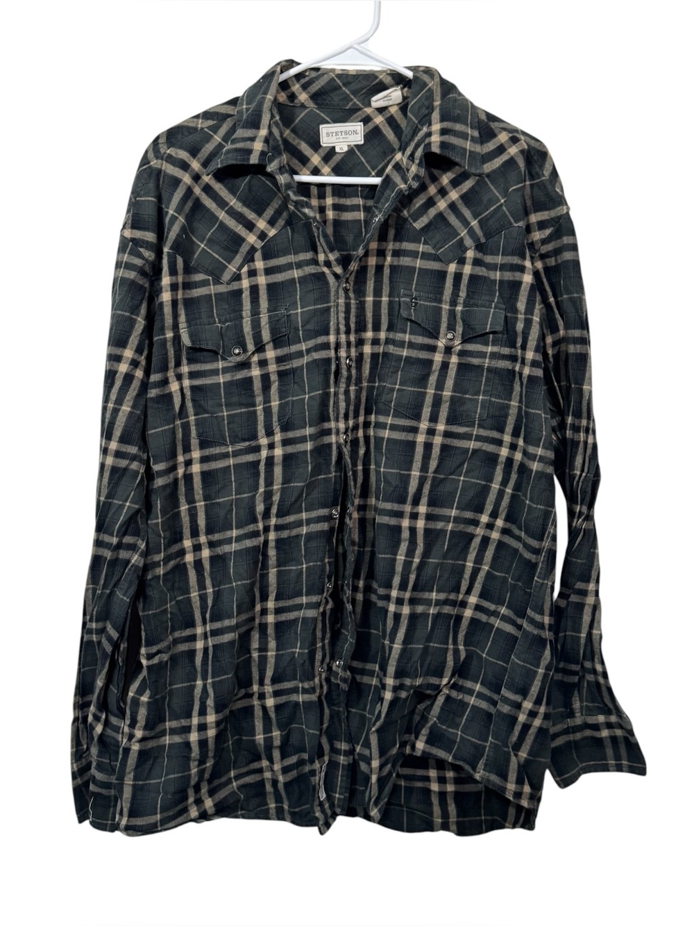 Stetson Pine Green Plaid Button Up Long Sleeve Western Shirt